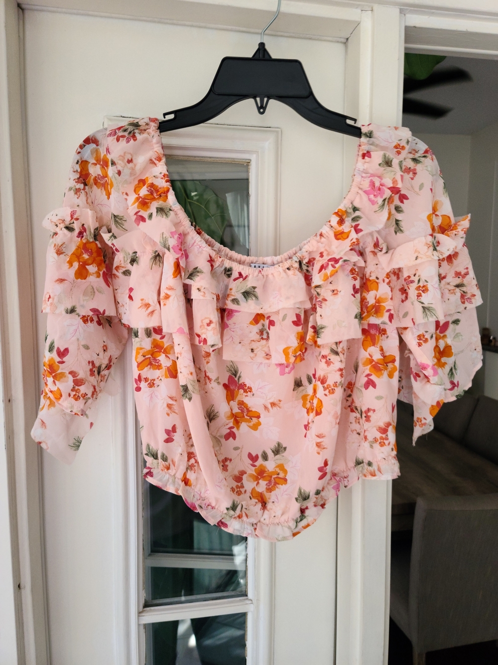 FAVLUX Pink Floral Ruffle Off-Shoulder Crop Top